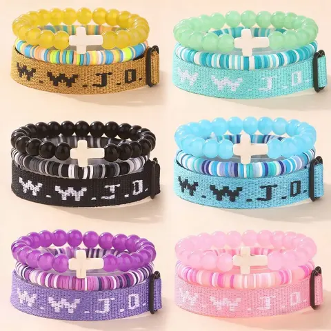 3PCS Christian WWJD Polymer Clay Beaded Charm Bracelet Set - Unisex Stackable Bracelet Stacks, Faith-Based Holiday Accessory with Cross Charms, Iconic What Would Jesus Do Message, Matching Daily Gift Jewelry for Adults