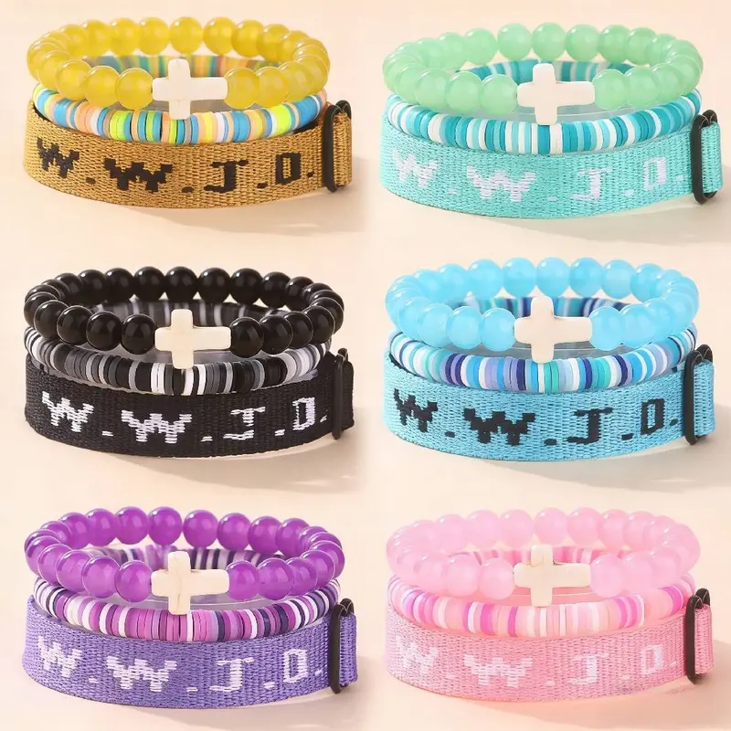 3PCS Christian WWJD Polymer Clay Beaded Charm Bracelet Set - Unisex Stackable Bracelet Stacks, Faith-Based Holiday Accessory with Cross Charms, Iconic What Would Jesus Do Message, Matching Daily Gift Jewelry for Adults