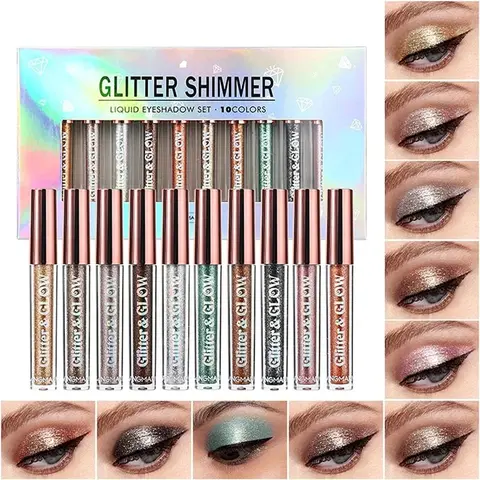 10PCS Vegan Multicolor Shimmer Glitter Liquid Eyeshadow Glitter Palette - Waterproof, Long-Lasting Metallic Cosmetic, Smooth-Blend, Ideal for Wedding & Daily Makeup, Perfect Gift for Makeup Enthusiasts, Sister, Mum