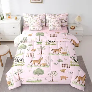 Feelyou 7-Piece Ultra-Soft Microfiber Blanket Farm Animal Comforter Set - Pink Cartoon Horse, Sheep, Cow, Pig Quilt, Rustic Farmhouse Decor Bedding, Multi-Size for Kids