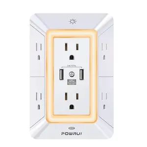 Multi Plug Outlet Surge Protector - 6 Outlet Extender with 3 USB Ports (1 USB C) and Night Light, 3-Sided Power Strip with Adapter Spaced Outlets - White