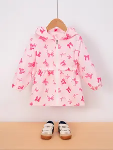 Girls' Fashion Bow Print Hooded Jacket, Casual Zipper Coat for Spring & Fall, Thin Outerwear for Kids Aged 3-8 Years, Casual Cute Outerwear, Zip Up Coats, Casual Comfy Jacket