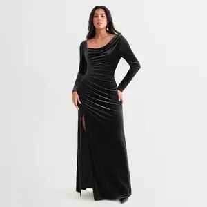 Popilush Black Velvet Cowl Neck Long-Sleeve Ruched Maxi Dress with Side Slit  Elegant Evening Gown Formal Elastic