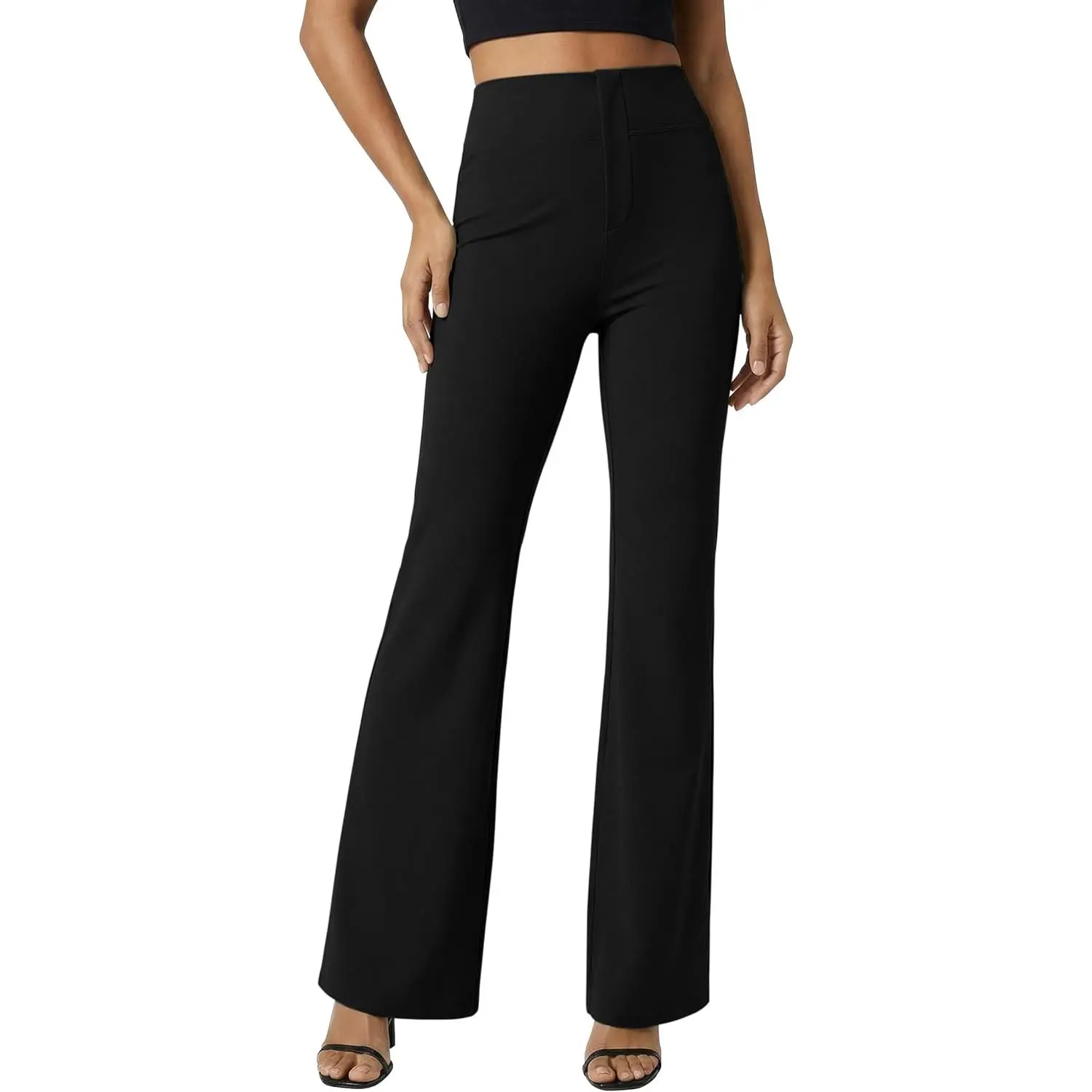 Women's Bootcut Work Pants, Tummy Control Stretchy Rayon Pull-On Slim Fit Dress Slacks with Pockets for Office, Bottoms, Hip, Nylon, Trouser, Stretchy Fabric