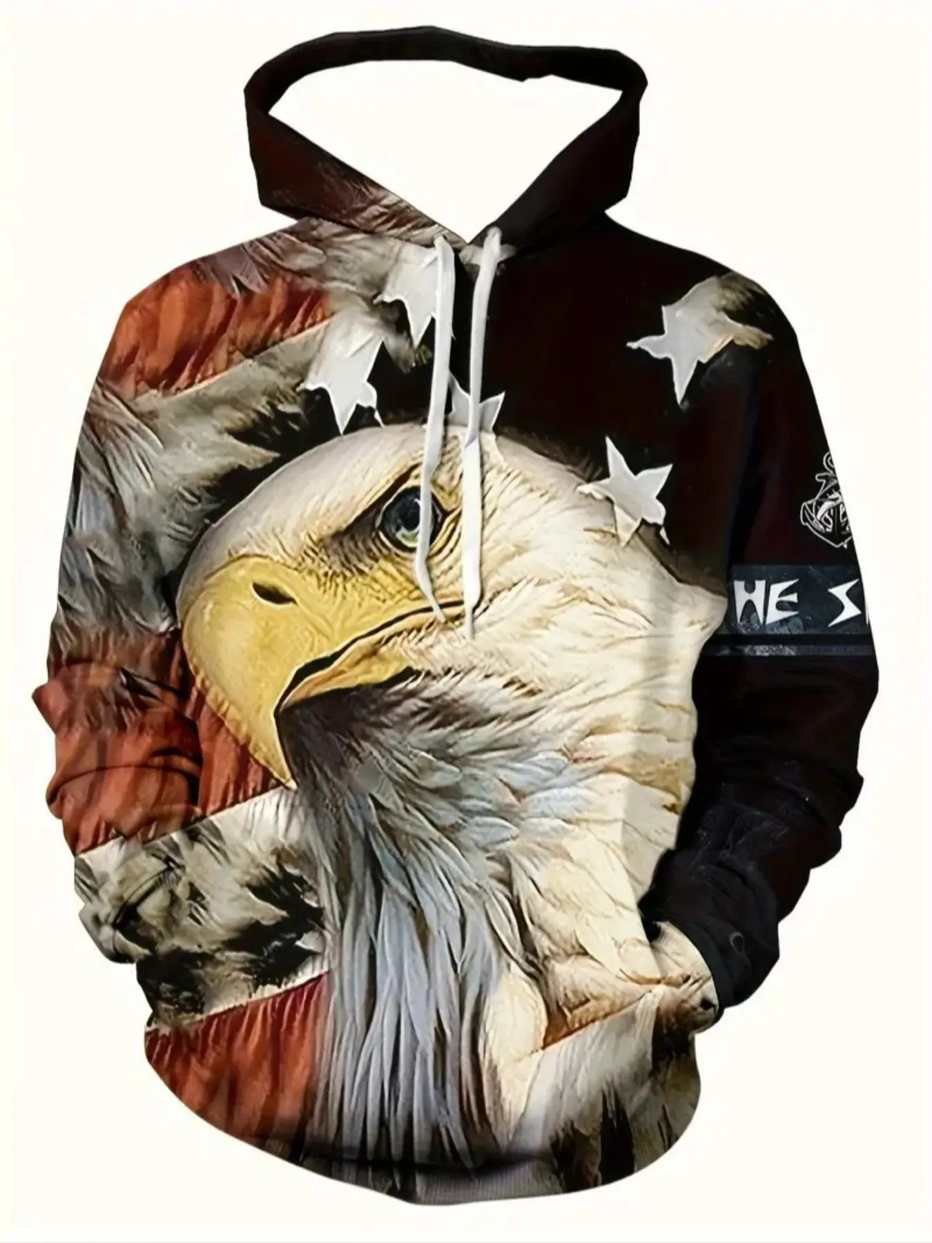 Men's 3D Eagle & American Flag Graphic Print Hoodie, Long Sleeve Fitted Casual Menswear Pullover with Drawstring, All-Season Comfortable Daily Wear Sweatshirts Tops, Casual Drawstring Hooded, Casual Print Clothes