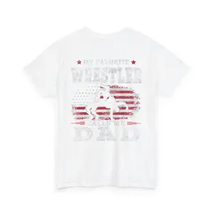 My Favorite Wrestler Calls Me Dad T-Shirt Patriotic Wrestling Dad Shirt Sports Father’s Day Gift Tee 100% Cotton Fabric Ribbed Knit Collar Menswear