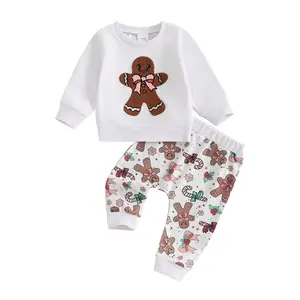 My First Christmas Baby Girl Outfit Gingerbread Man Pant Set Long Sleeve Sweatshirt Bows Sweat Pants Fall Clothes