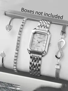 4-piece steel strap women's watch female student fashionable and simple square quartz Bracelet Watch Set Trendy Watch Set