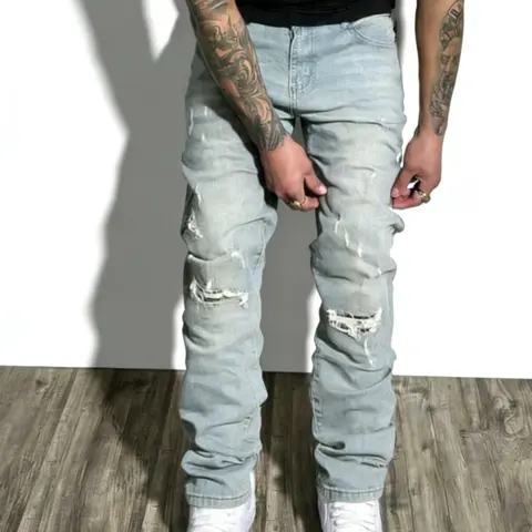 Men's Vintage Washed Denim Jeans, Light Wash Distressed Stretch Skinny Fit Harajuku Casual Long Pants for All Seasons