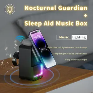 5 in 1 Bluetooth-Compatible Speaker Wireless Charging Station 360° Adjustable Holder Magnetic Wireless Charger with Phone Stand & Night Light for Apple Watch for iPhone 16 15 14 13 12 Pro Max