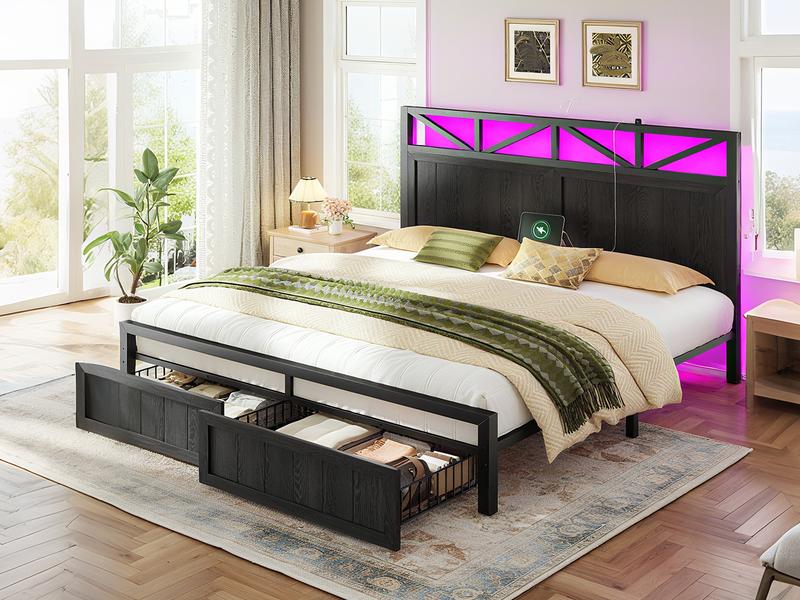 Raybee LED Bed Frame with Charging Station & 2 Drawers, No Mattress, Farm Style Full Queen King Size Bedframe with Headboard & 2 Wooden Drawers, Noise Free, Holds 900lbs, No Box Spring Needed