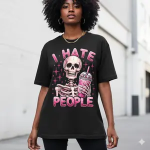 Women's Lady Casual Fitted Crew Neck Short Sleeve Stretchy T-Shirt - Bold "I HATE PEOPLE" Skeleton Graphic Print, Regular Length, Spring-Summer Top