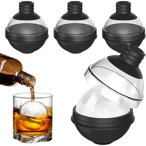 Silicone Ice Ball Molds for Whiskey - 2.4 Inch Big Sphere Ice Cube Set of 4 with 2-in-1 Funnel Lid for Cocktails, Bourbon, and Drinks (Black)
