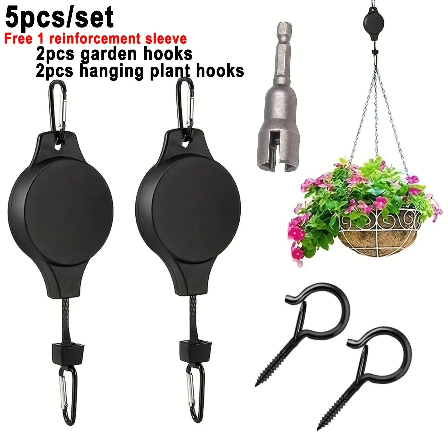5pcs Heavy-Duty Adjustable Wall-Mounted Plant Hanger With Roller Pulley System &cExtendable Hanging Basket Hooks Suitable For Potted Plants, Bird Feeders, Balcony, Terrace,Indoor/Outdoor Use Plastic Ceiling/ Hook System For Gardens