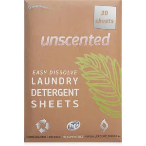 Laundry Detergent Sheets, 30 Sheets, Up to 60 Loads, Easy Dissolve, Unscented, Eco package, HE Compatible, Septic friendly,  for travel, college, laundromat and at