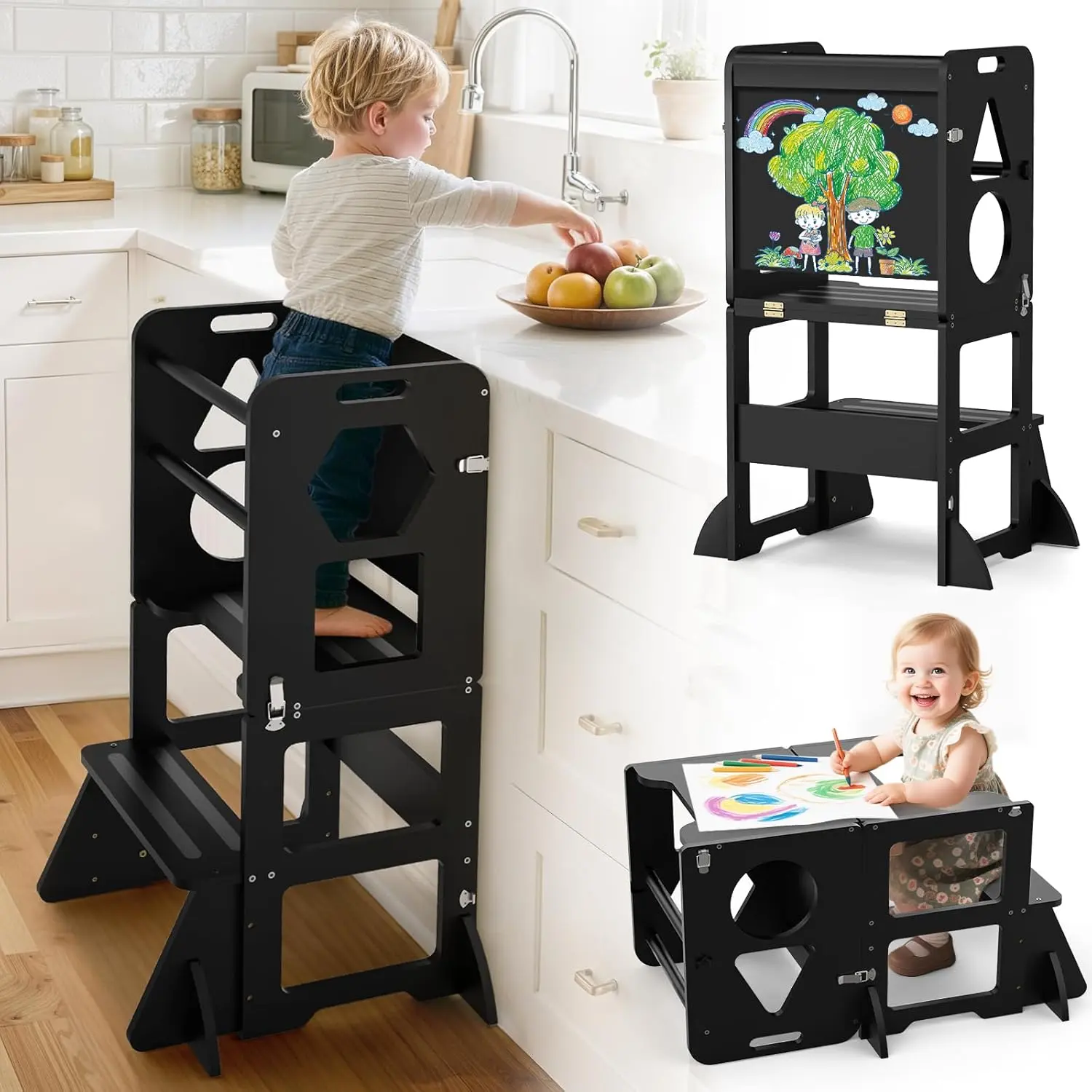 WOODURE 4-in-1 Toddler Kitchen Step Stool - Foldable Learning