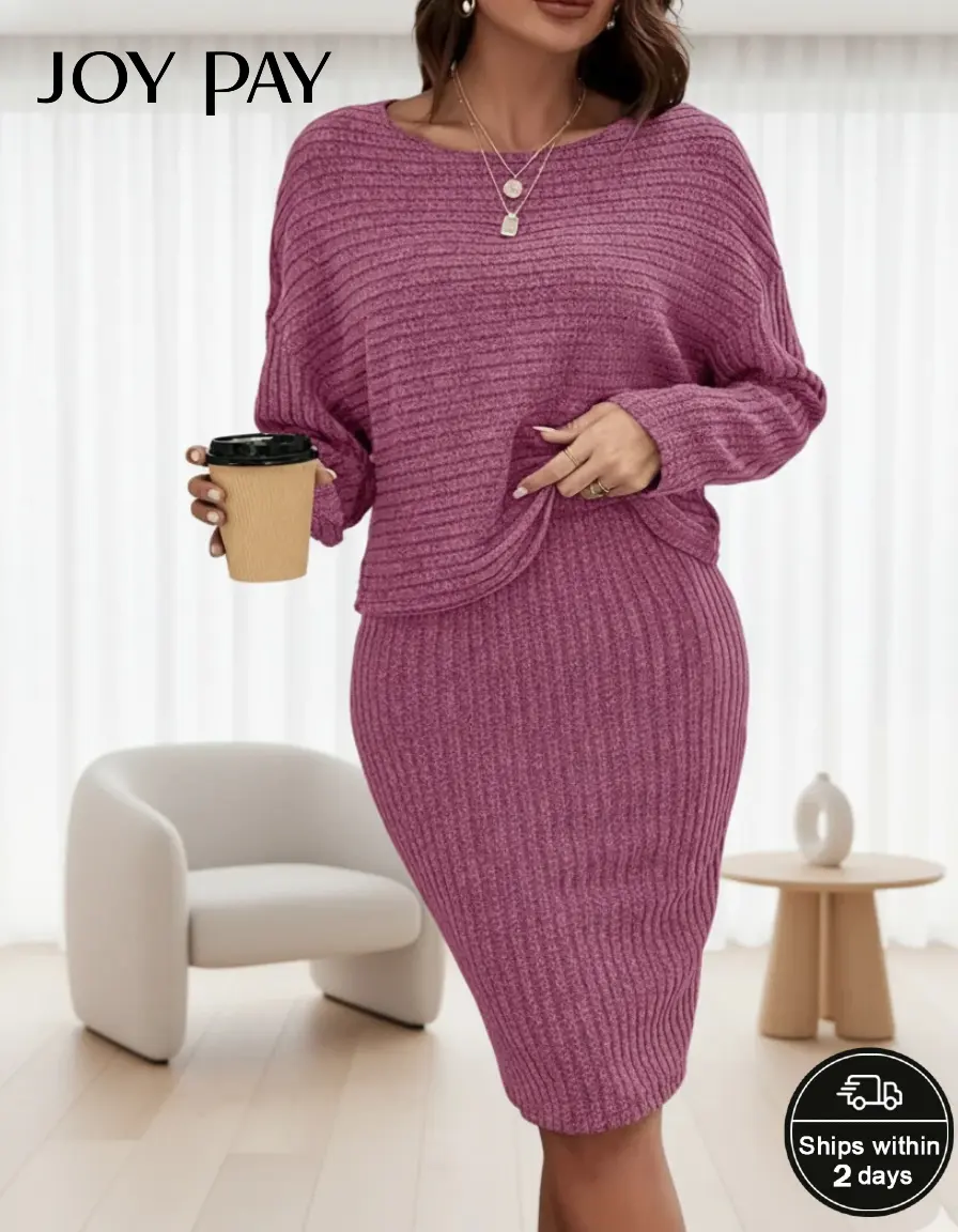JOYPAY Women's Plus Size 2-Piece Knit Set - Longsleeve Round Neck Loose Minimalist Basic Sweater Top, Bodycon Pencil Skirt, Cozy Ribbed Fabric for Curvy Ladies, Elegant Casual Everyday Wear, Lady