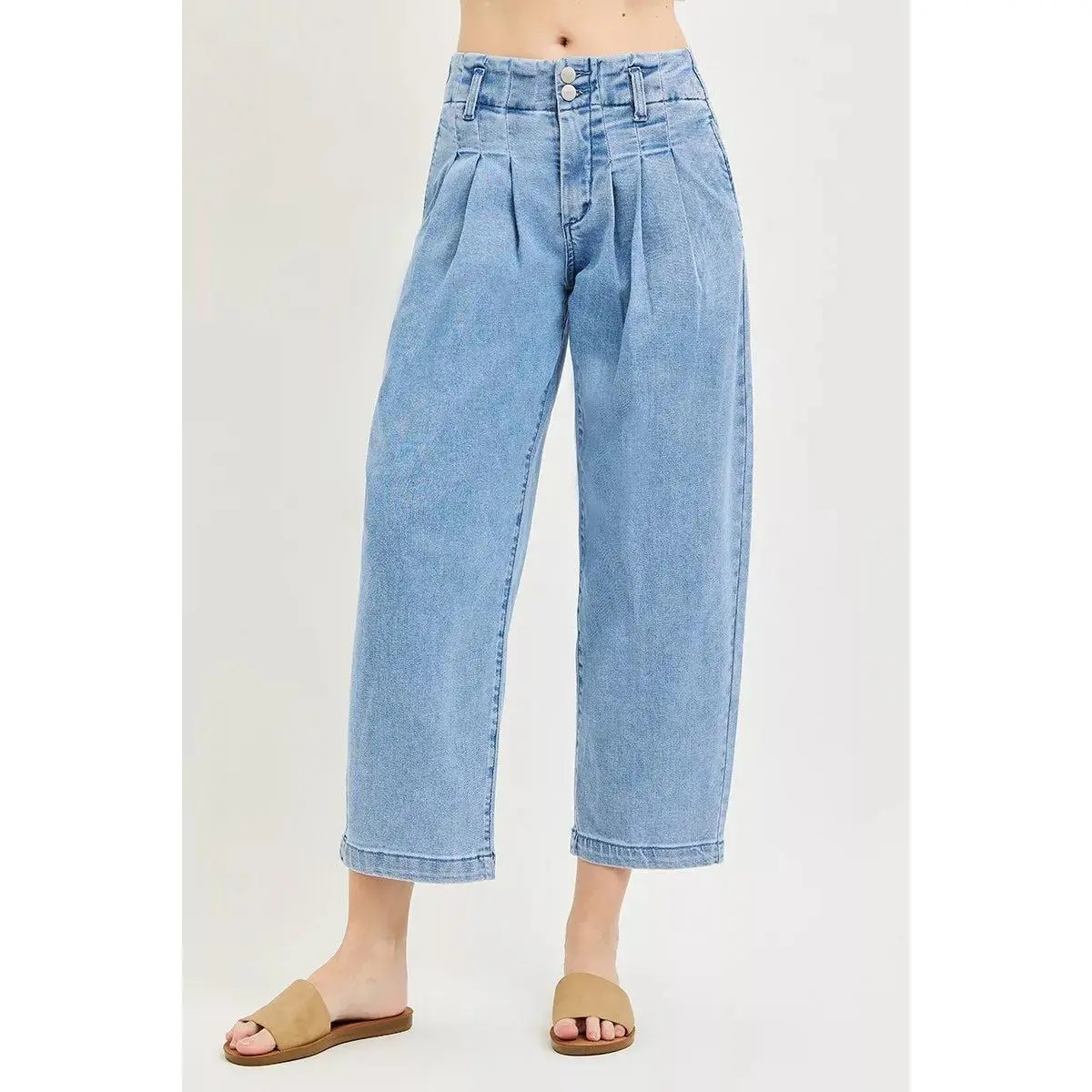 RISEN Slouchy Crop Barrel Pleated Jeans
