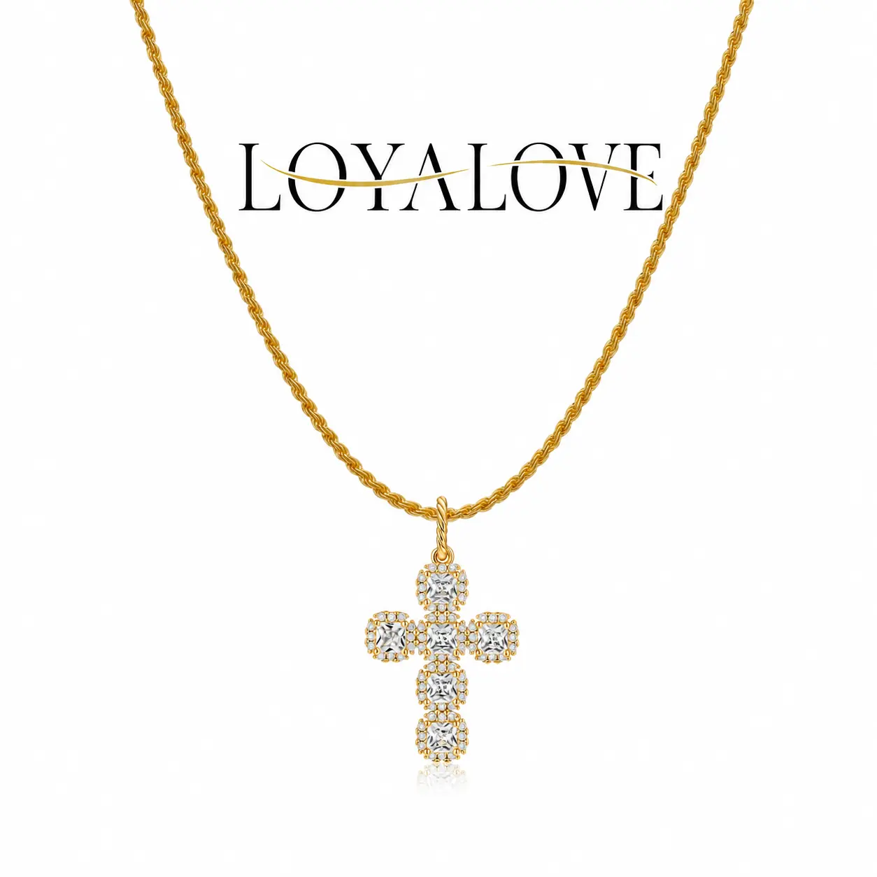 Loyalove 14K Gold Plated Cross Necklace for Women, Sparkly CZ Statement Pendant with Rope Chain, Adjustable Y2K Faith Jewelry, Everyday Glam Necklace Gift for Her