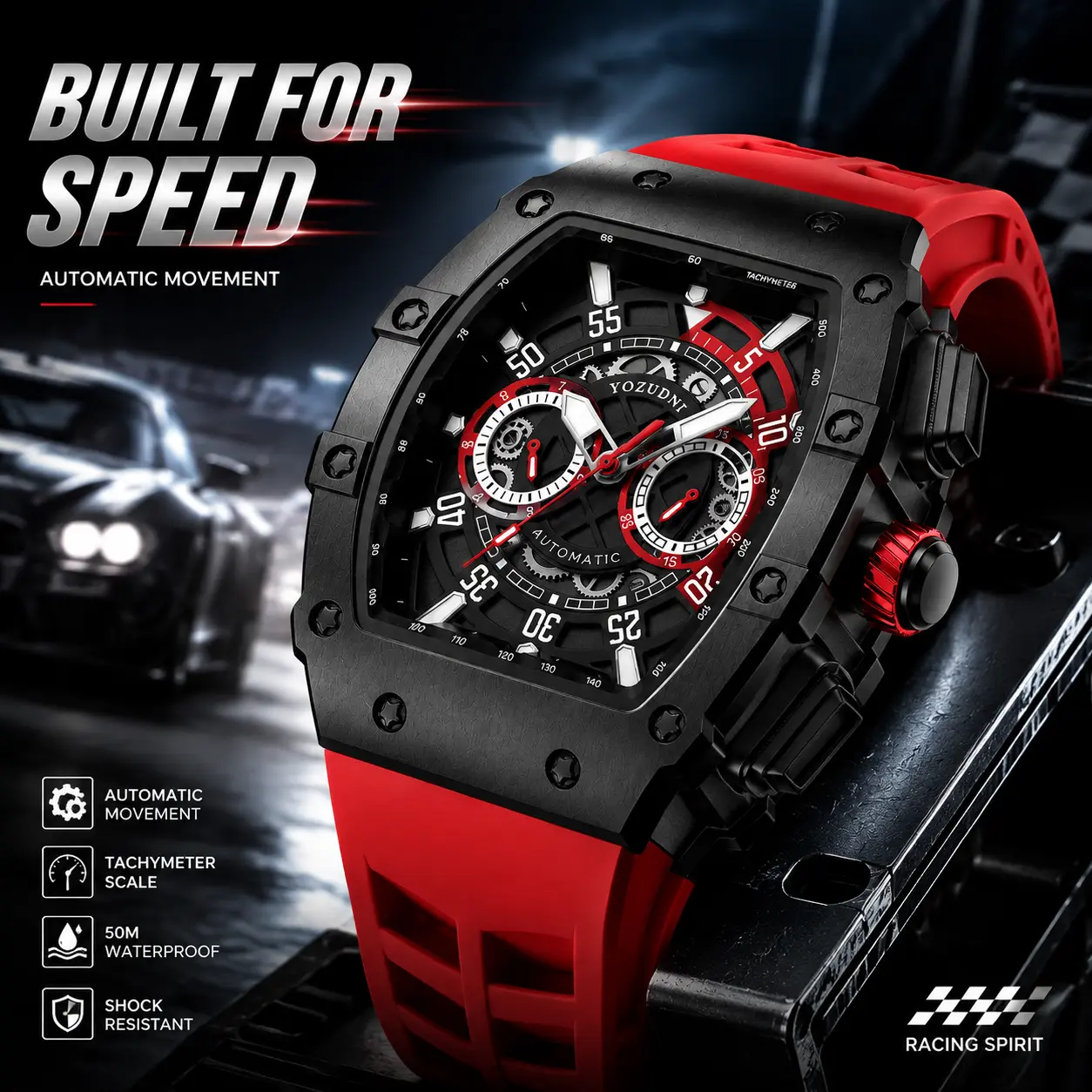 Men’s Luxury Automatic Sports Watch – Shock Resistant, 50M Waterproof Racing Chronograph with Tachymeter Scale, High-Speed Mechanical Movement, Blue Silicone Strap Men's watch