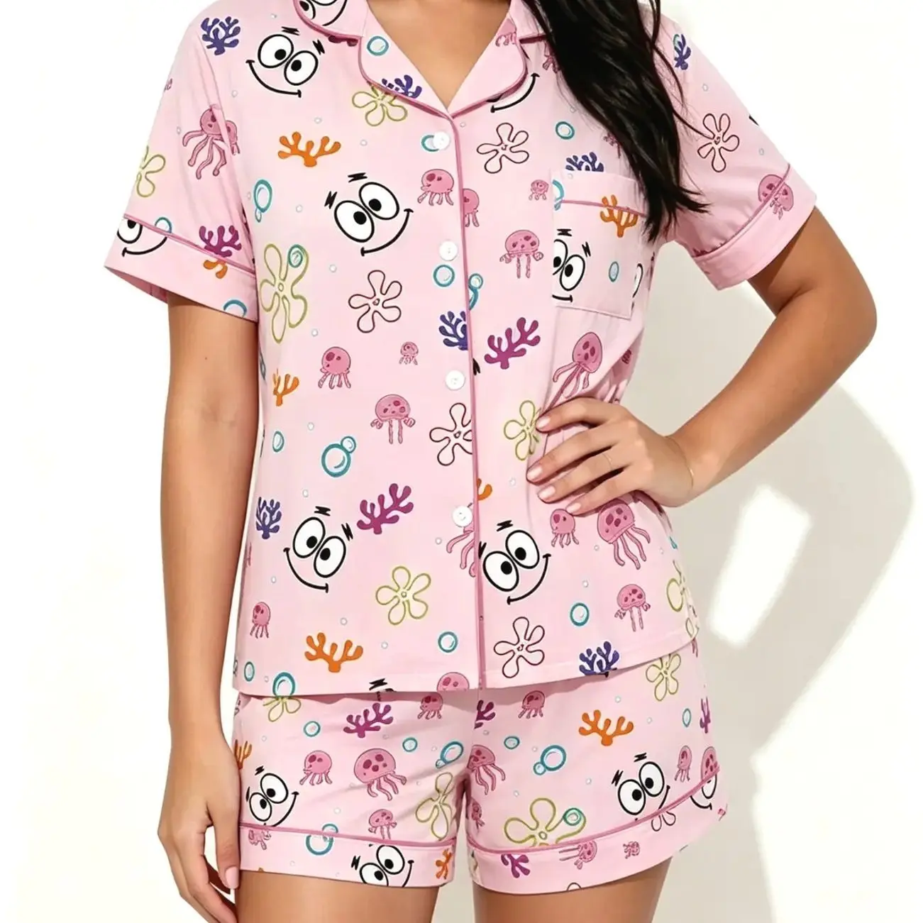 Teen Starfish Cartoon Print Pajama Set, Short Sleeve Slim Fit, Button, Casual Summer Sleepwear, Comfortable Home Wear, Perfect Gift for Teens