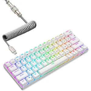 61 60% Mechanical Keyboard with Coiled , 2.4Ghz//Wired,   Mini Keyboard 61 , RGB Hot Swappable Red  Gaming Keyboard with Software - White