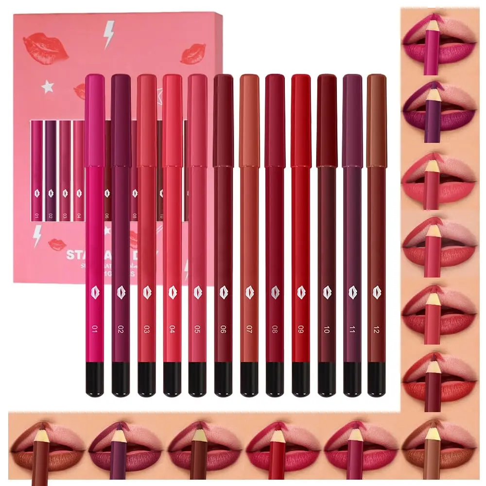 Matte Waterproof Lip Liner Crayon Pencils Set Packs for Shaping & Sculpting Lips, Pink Chestnut Maroon Dark Taupe Brown Plum Purple Deep Red Creamy Lipstick and Lip Liner Set
