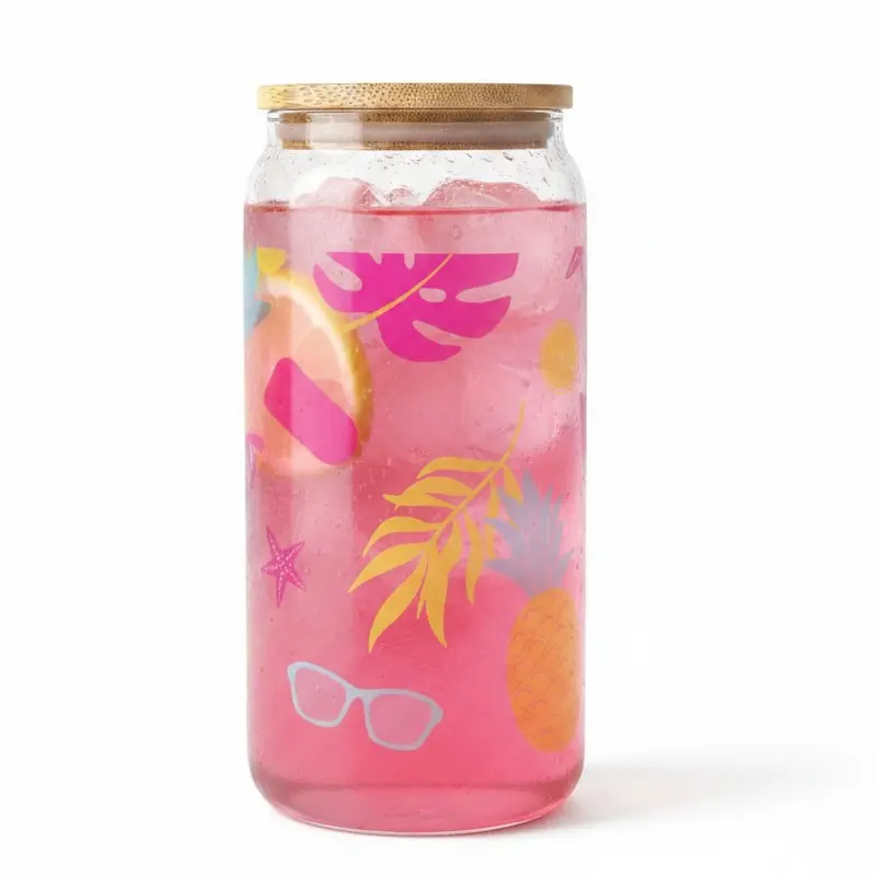 Summer Vibes Glass Can Tumbler with Bamboo Lid & Plastic Straw