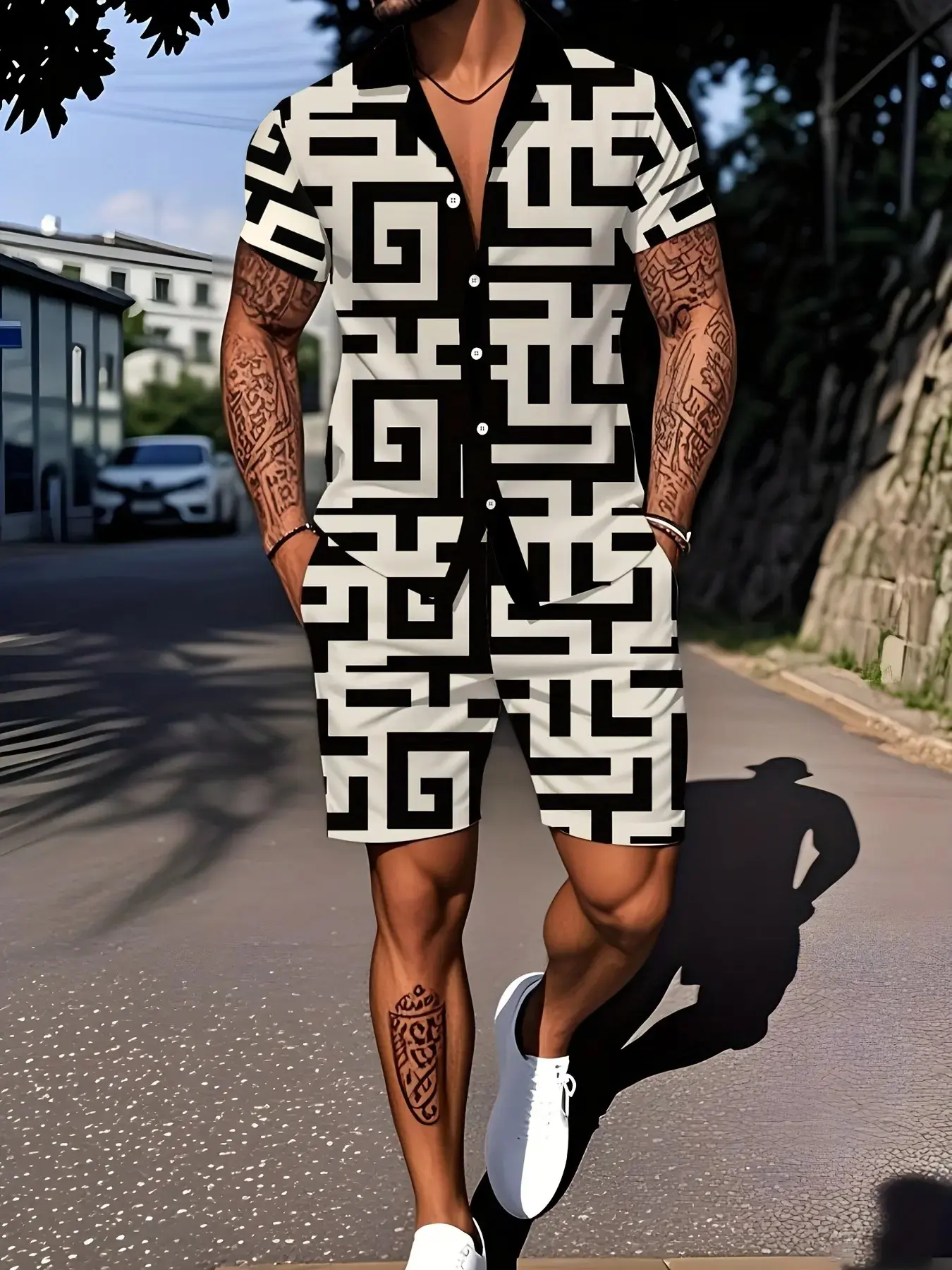 Men's 2-Piece Casual Set, Abstract Maze Print Short Sleeve Shirt and Shorts, Cuban Collar, Summer Beach Outdoor Wear, Breathable Fabric
