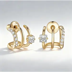 14K Gold Plated Triple Stud Earrings for Women - Double Huggie Hoop Design for Single Piercing