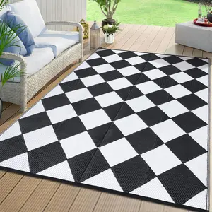 Garvee 9x12 Outdoor Rug For Patio Waterproof Reversible Plastic Straw Rug, Modern Checkered Patio Rug, Fade-Proof & Hose-Cleanable Rv Mat Outside For Picnic, Balcony, Deck, Backyard Black White