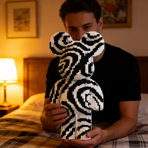 Striped Bear 3D Building Block Model Decoration, Bookshelf Home Office Cabinet Decor, Party Living Room TV Stand Display, Ideal Gift