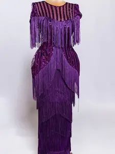 Sequin and Fringes Peplum Cap Sleeves Party Anniversary Dress