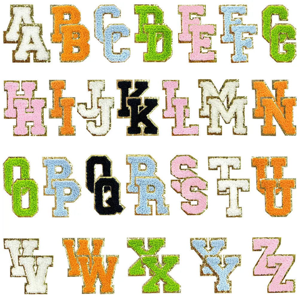 52Pcs Glitter A-Z Chenille Iron-On Embroidered Letters, Self-Adhesive Embroidered Iron Patch Trim & Embellishments for DIY Clothing Projects