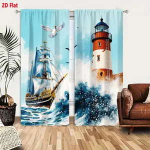 2D Flat  Coastal Stormy Sea Lighthouse & Sailboat Themed Blackout Curtain 2-Piece Set, Dynamic Ocean Waves Seagull Pattern Living Room Bedroom Window Drapes with Rod Pocket, Blue White Red Coastal Decorative Curtains