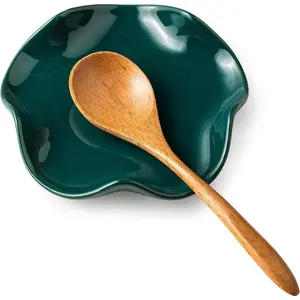 Ceramic Spoon Rest for Kitchen Counter, Spoon Holder for Stove Top, Cooking Utensil Holder, Cute Flatware Rests for Housewarming Halloween Gifts, Dark Green