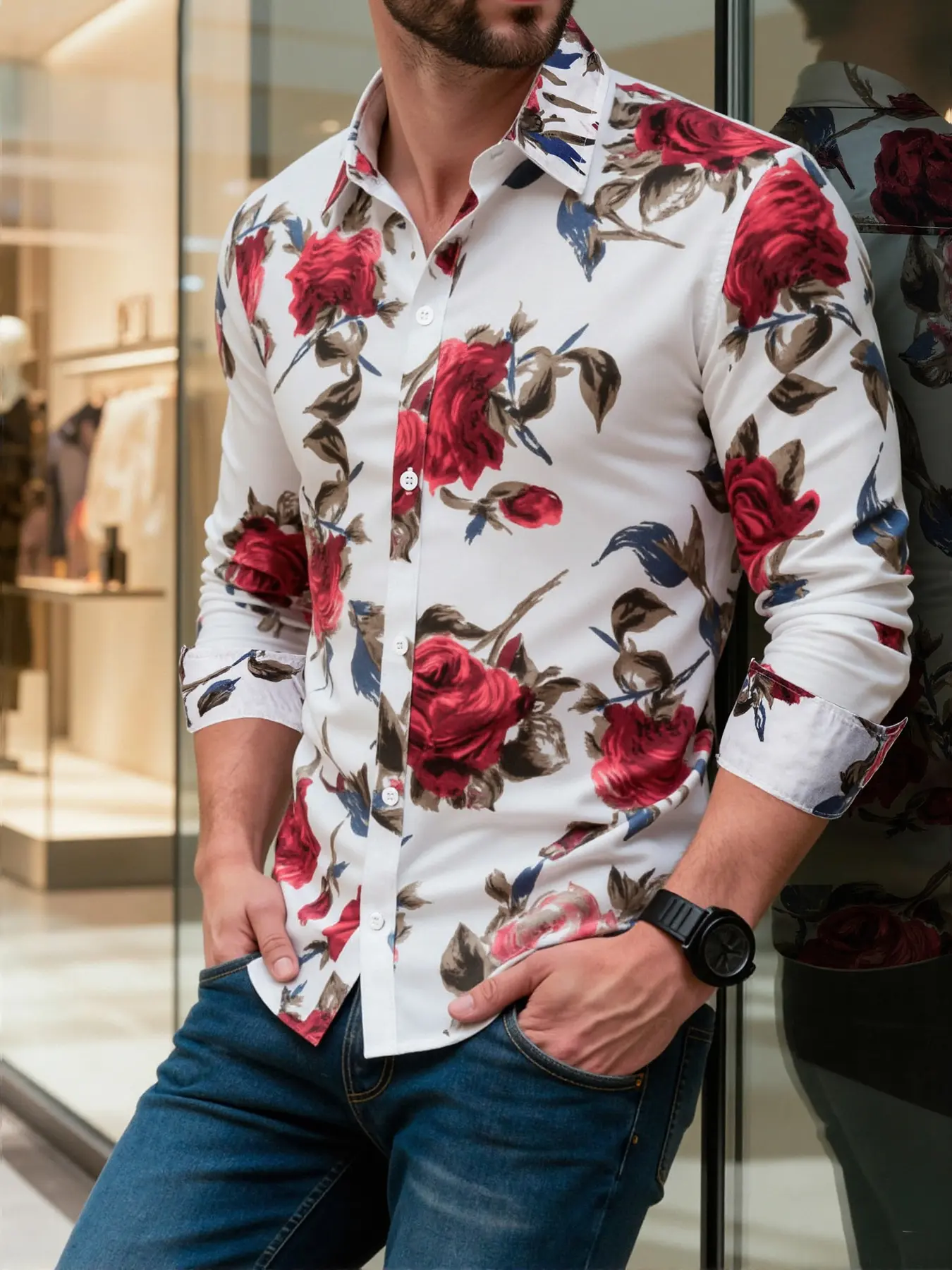 Men's Long Sleeve Fitted Casual Shirt, Rose Flower Print Fashion Soft Comfortable, Valentine's Day Birthday Gift, Candlelight Dinner Men's Shirt, Floral Print Shirt