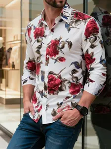Men's Long Sleeve Fitted Casual Shirt, Rose Flower Print Fashion Soft Comfortable, Valentine's Day Birthday Gift, Candlelight Dinner Men's Shirt, Floral Print Shirt