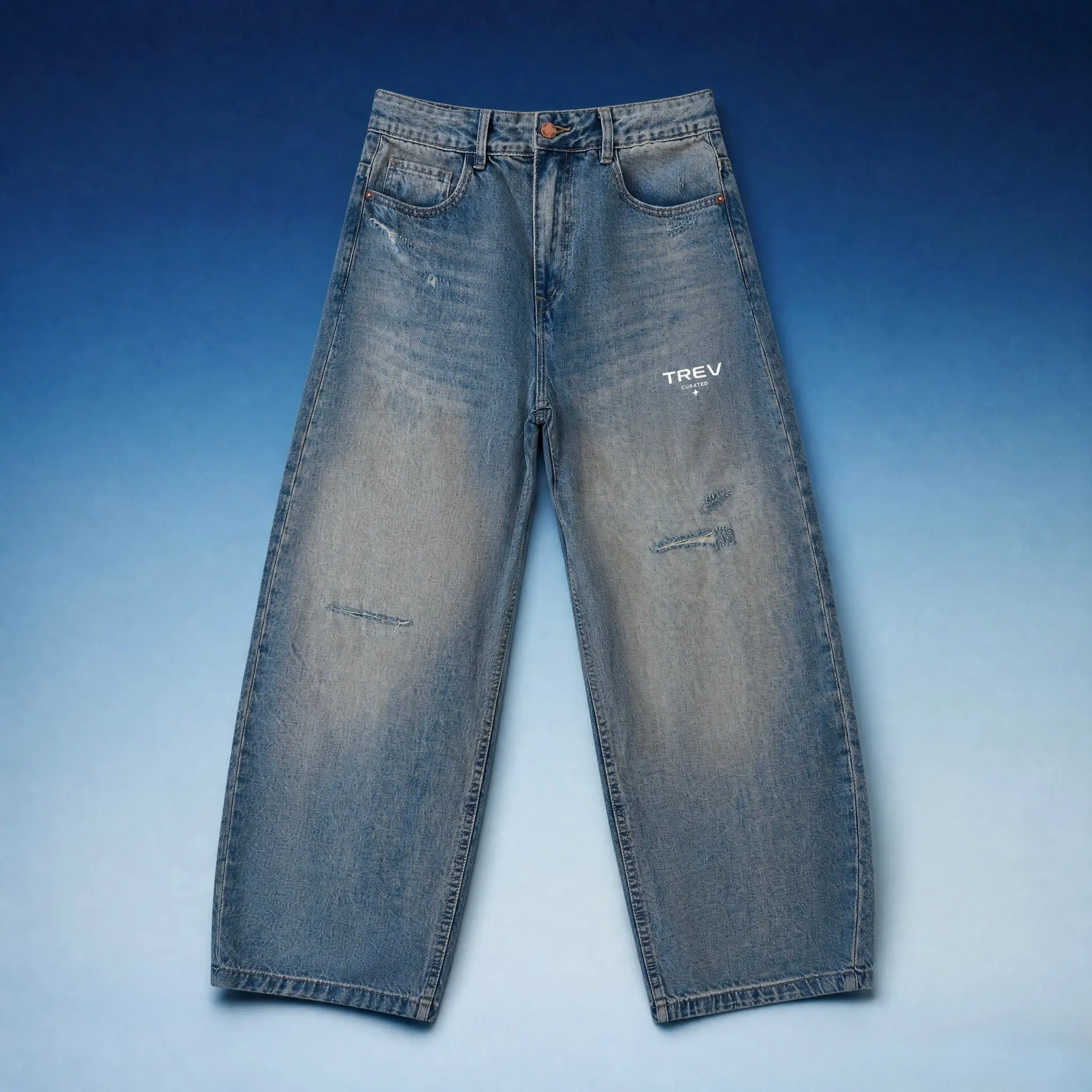 TREV Curated Men's Relaxed Fit Barrel Leg Jeans, Thick Cotton Blend Denim with Handcrafted Distressed Rips