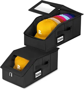 2 Pack Stackable Hat Storage for Baseball Caps, Holds 28 Caps - Closet Organizer Box with Clear Window & Cardboard，Sturdy Snapback Hat Boxes for Home Storage (dark, 2)