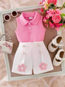 Baby Girl Elegant Two-Piece Set, Striped Sleeveless Polo Top Vest + Faux Pearl Flower Shorts, Slim-Fitting Style