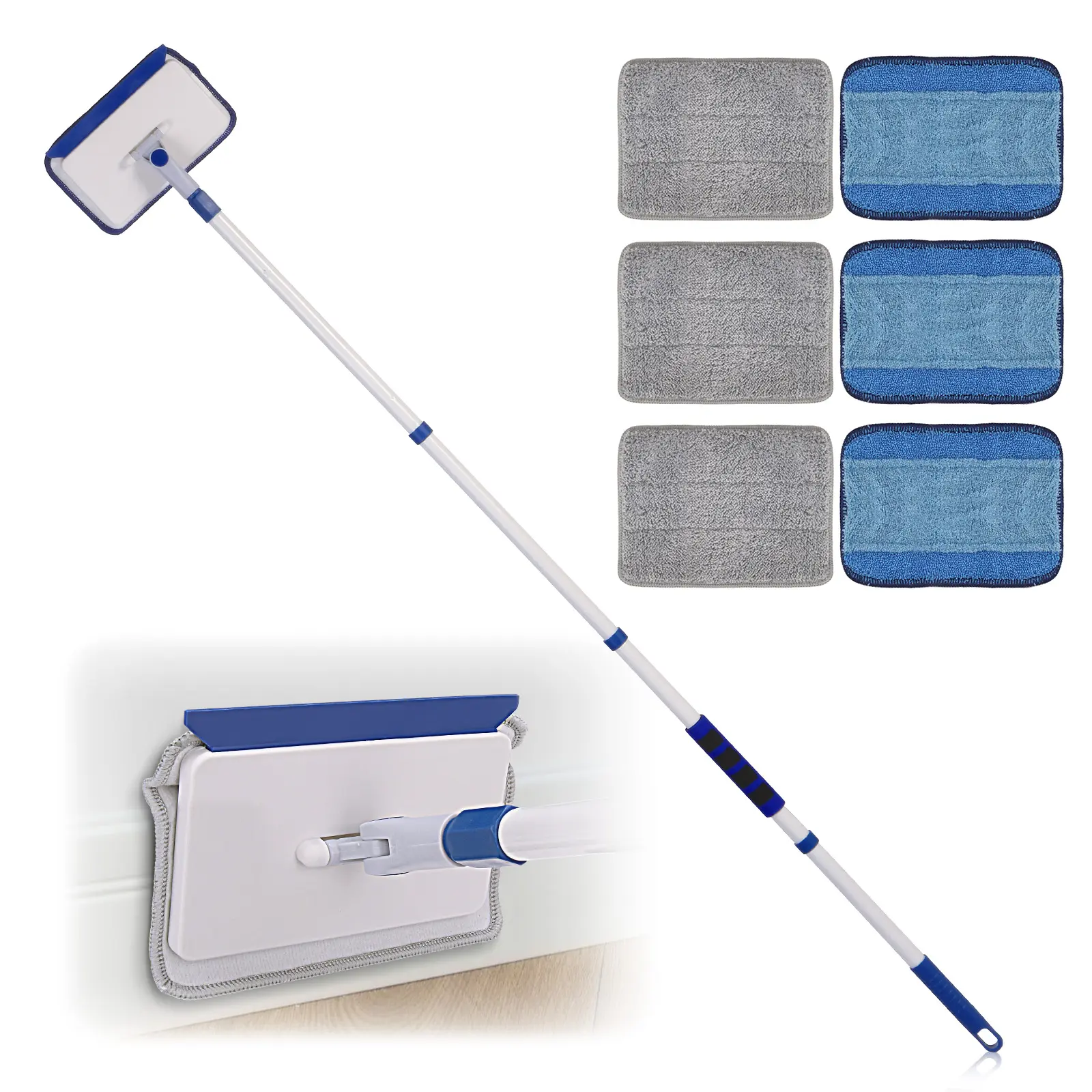 Qaestfy Extendable Long Handle Multi-Surface Baseboard Cleaner Tool with Comfortable Grip, Wall Floor Mop Duster for Home Users (6 Reusable Pads, Window, Shower, Kitchen Cleaning), Skirting Board