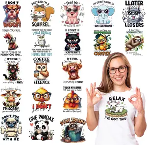 Dtf Transfers Ready to Press - 20 Pcs Funny Animal Iron on Transfers for T-Shirts Sarcastic Cat Dog Cow Heat Transfer Vinyl Stickers Patches Decals for Clothes Bag Pillow DIY Decor