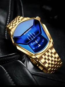 Irregular geometric dial men's business quartz watch - Irregular Shaped Watch - Gold and blue color contrast futuristic wristwatch, Fashionable Stylish Watch - Perfect for parties, daily wear, birthday gift