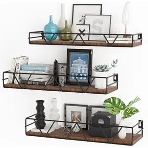 Floating Shelves Set of 3, Home Wood Wall Farmhouse Shelf, Wall Mounted Floating Shelf for Living Room Bedroom Bathroom Kitchen Office (Black)