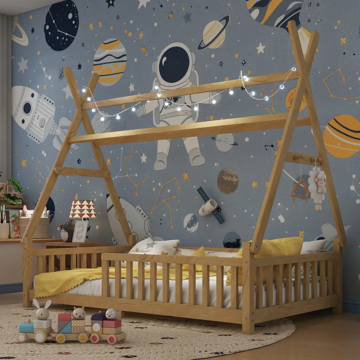 Twin House Bed with Light, Twin Floor House Bed with Fence and Roof for Kids Boys Girls,No Box Spring Needed