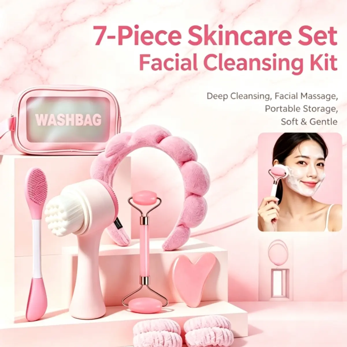 Professional 8pcs Beauty Tool Kit with Gua Sha Roller Headband Face Brush Daily Skincare and Facial Massage Set