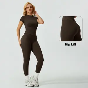 1 Set Solid Color Soft Moisture Wicking Crew Neck Short Sleeve Top And Elastic Yoga Sports Pants Comfortable Activewear for Fitness Gym Running and Outdoor Activities Summer Conjunto Deportivo Mujer