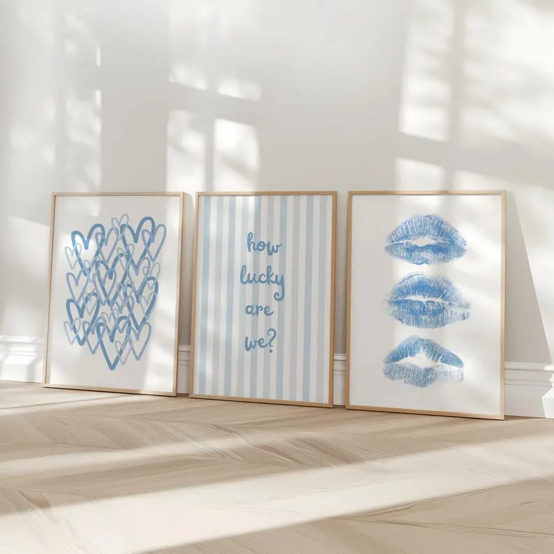 Trendy Blue Wall Art Set of 3, How Lucky Are We Print, Coastal Preppy Aesthetic, Trendy Posters, Digital Wall Art, Girly Dorm Room Decor