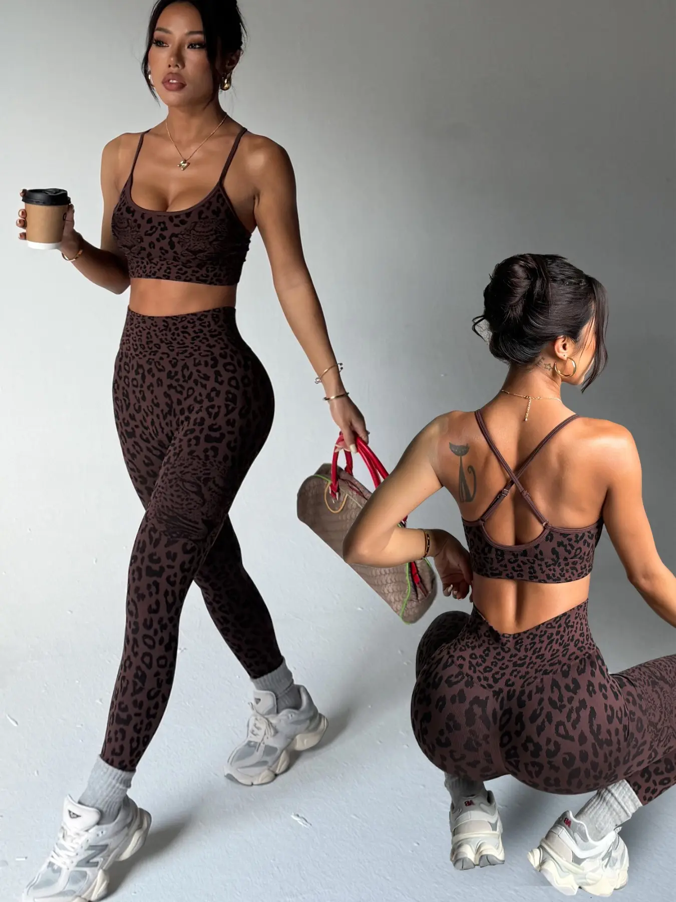 Women's leopard print knitted sports suit, Fitness Yoga Set, Exercise Clothing Set, Women Workout Clothes, vest and pants, two-piece outdoor and indoor Pilates exercise yoga suit, suitable for all seasons, comfortable and tight pants above the ankle